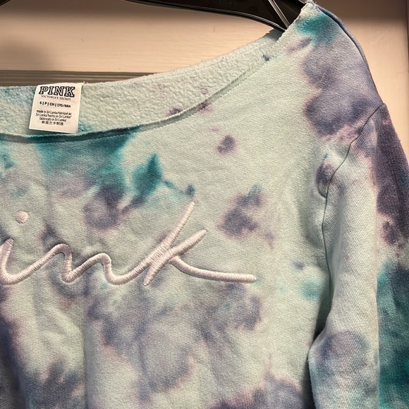 Pink Victorias Secret Baby Blue Off the Shoulder Tie Dye Sweatshirt EUC It#C56 - Picture 3 of 15